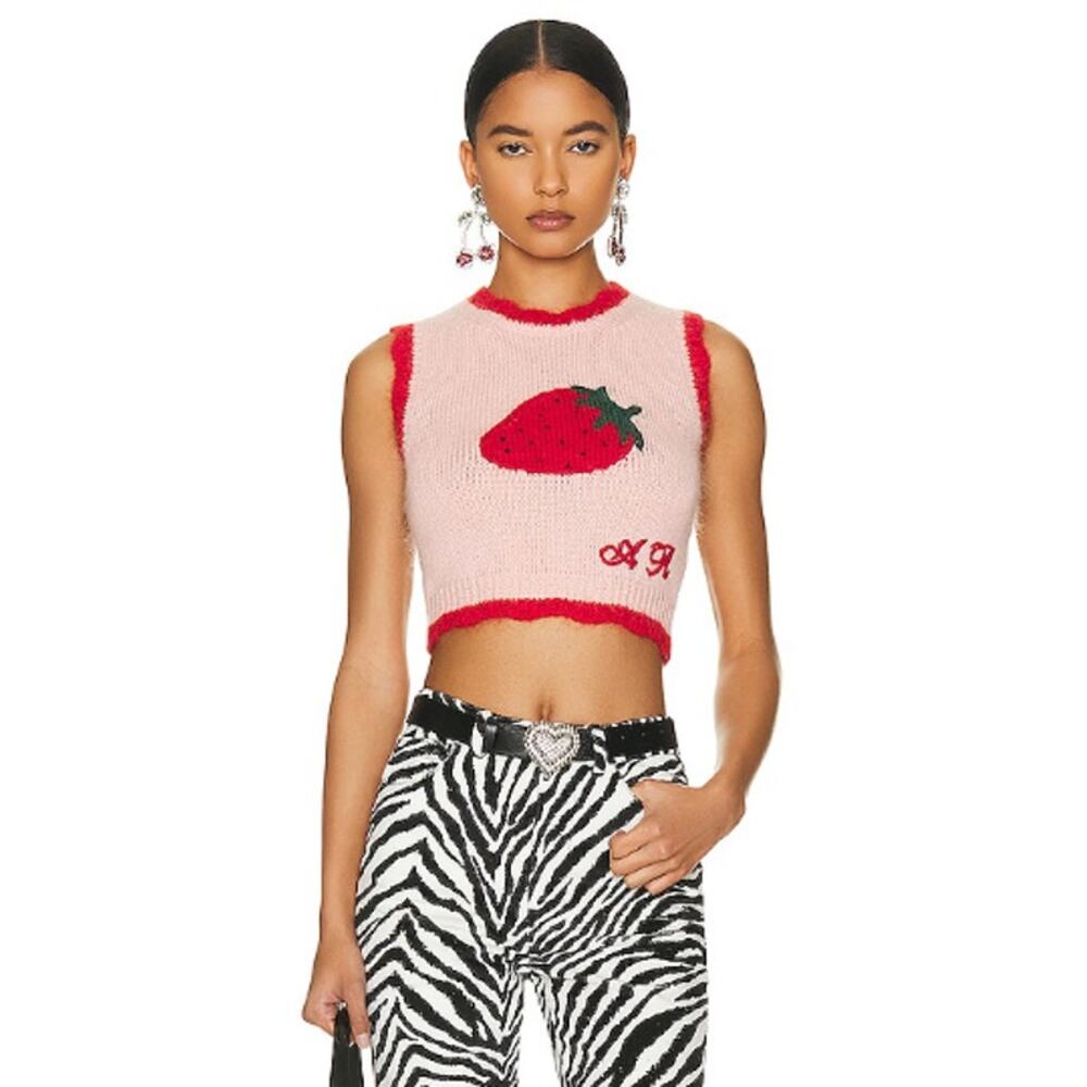 Alessandra Rich Pink Strawberry Intarsia Knitted Sweater Vest